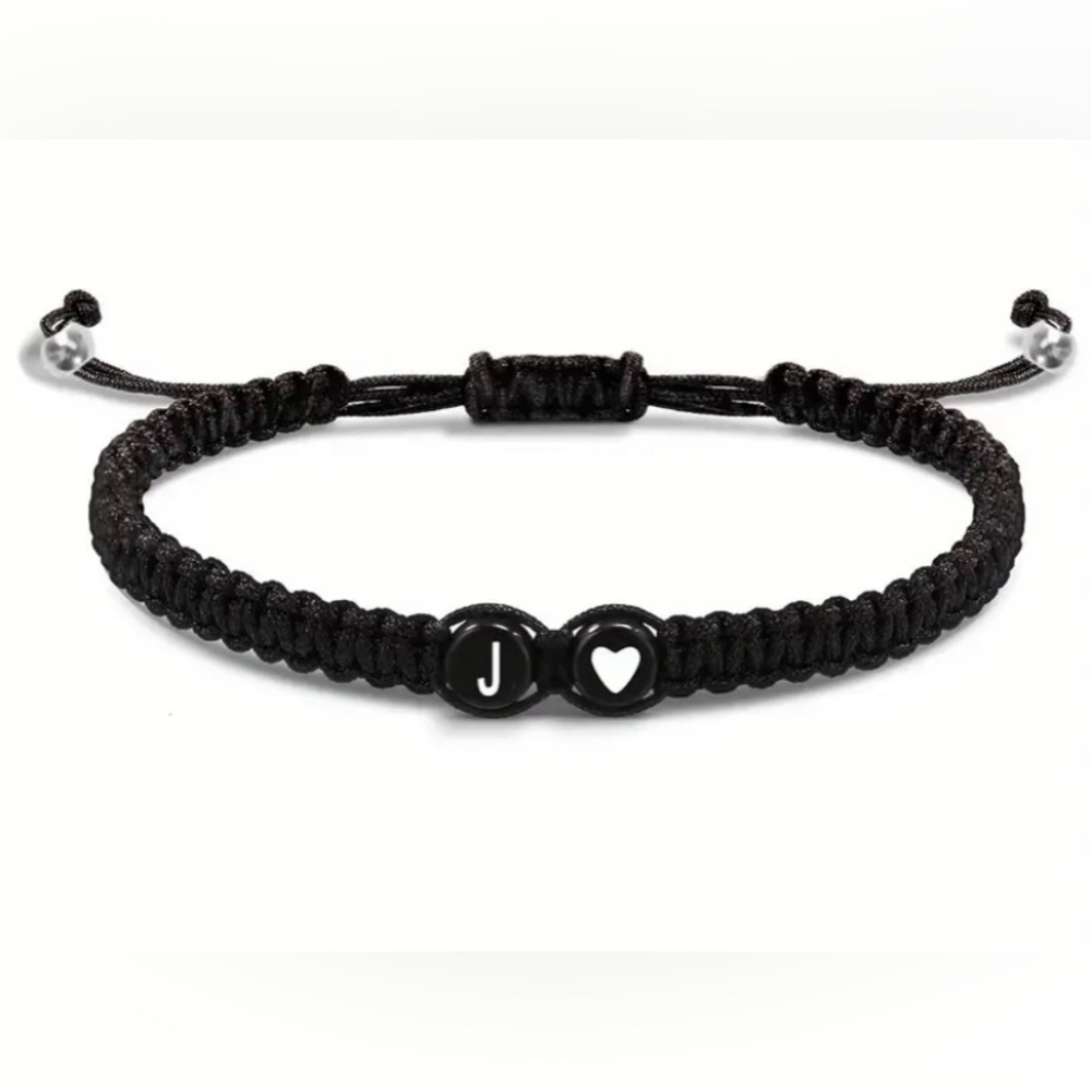 Letter J Bead Black Braided Bracelet or anklet. Adjustable with heart